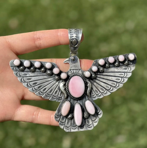 Large Navajo Sterling Silver Pink Conch Eagle Bird Pendant. Richard Yazzie