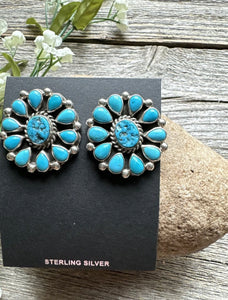 Navajo Native American Sterling Silver Turquoise Cluster Stud Earrings