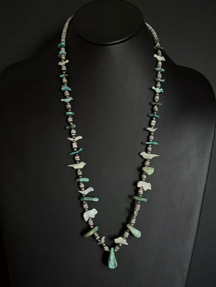 Vintage Native American Sterling Silver Fetish Turquoise Heishi Bead Necklace 30