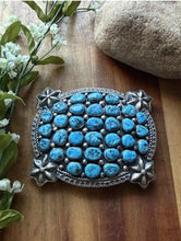 Load image into Gallery viewer, Native American Sterling Silver Blue Turquoise Cluster Belt Buckle Signed