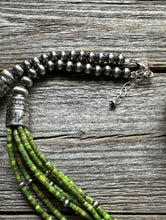 Load image into Gallery viewer, Sterling Silver Multi Strand Green Turquoise Bead Necklace. 26 inch