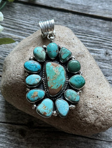 Navajo Sterling Silver Turquoise Cluster Pendant. C Yazzie