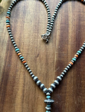 Load image into Gallery viewer, Sterling Silver Spiny Oyster Turquoise Pearls Lariat Y Bead Necklace. 28 inch