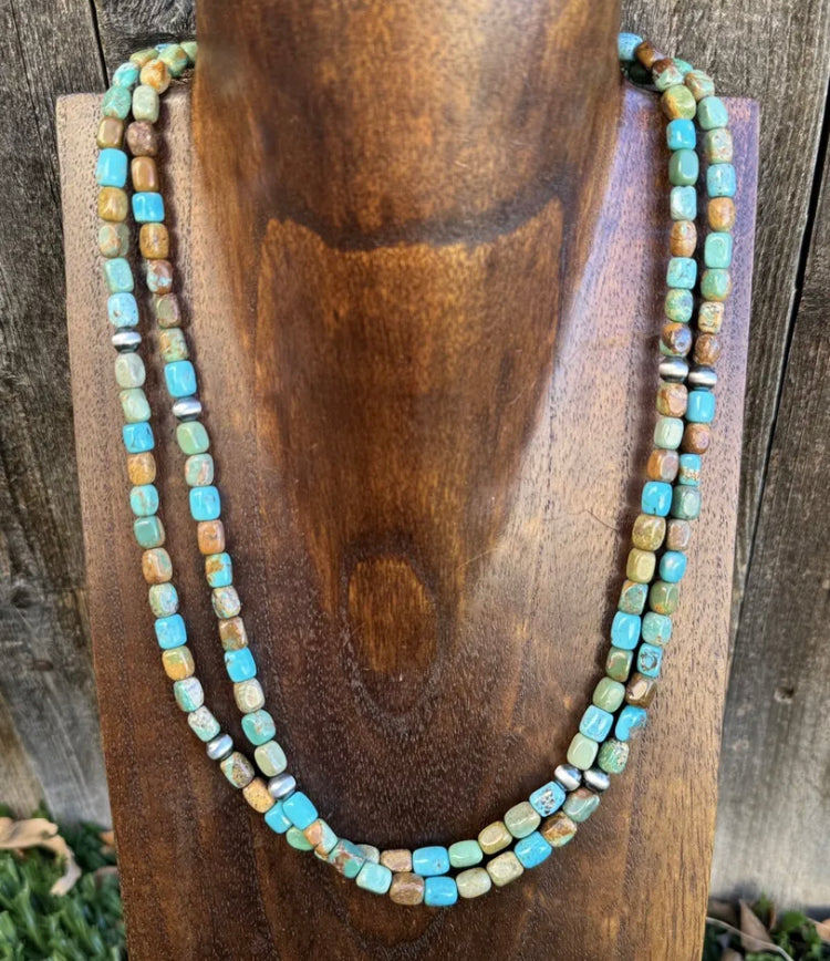 Sterling Silver Multi 2 Strand Blue Green Turquoise Bead Necklace. 20 inch