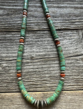 Load image into Gallery viewer, Mens Sterling Silver Green Turquoise Heishi Spiny Bead Necklace. 18 inch