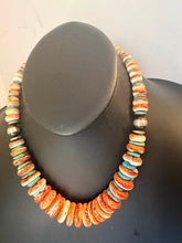 Load image into Gallery viewer, Sterling silver orange spiny oyster turquoise necklace 18 inch