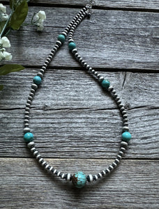 Southwestern Sterling Silver Turquoise 4mm Pearls Bead Necklace. 22 Inch. Gift