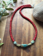 Load image into Gallery viewer, Sterling Silver Red Coral Turquoise Nuggets Bead Necklace 18 inch
