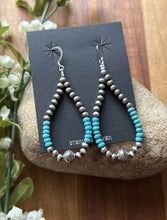 Load image into Gallery viewer, Sterling Silver Blue Turquoise Bead W Pearls Loop Hoop Earrings.