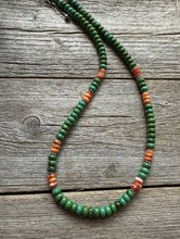 Load image into Gallery viewer, Sterling Silver Green Turquoise Orange Spiny Oyster Bead Necklace. 18 inch
