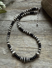 Load image into Gallery viewer, Black Onyx Multi Graduated Sterling Silver Pearls Bead Necklace 18 inch