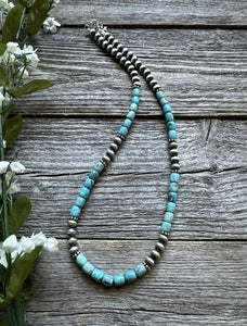 Sterling Silver Blue Turquoise W Pearls Bead Necklace. 18 inch