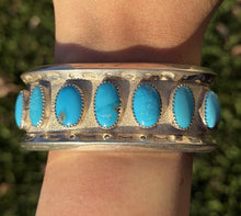 Load image into Gallery viewer, Navajo Native American Sterling Silver Blue Turquoise Row Cuff Bracelet PC