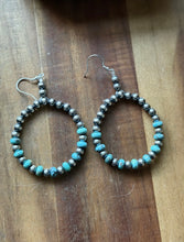 Load image into Gallery viewer, Southwestern Sterling Silver Turquoise Pearls Bead Hoop Earrings. Gift 3.25 Inch