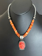 Load image into Gallery viewer, Handmade Navajo Sterling Silver and Orange Spiney Oyster Pendant  with Necklace