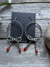 Load image into Gallery viewer, Sterling Silver Bow Red Coral Pearls Hoop Bead Earrings 3.5 Inch