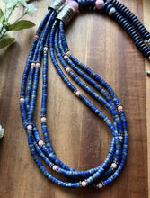 Load image into Gallery viewer, Sterling Silver Multi Strand Heishi Lapis Pink Conch Bead Necklace 26 inch