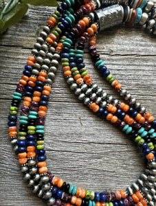Sterling Silver Multi Stone Strand W Pearls Bead Necklace 30 inch