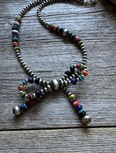 Bow Multi Stone Sterling Silver 4mm Pearls Bead Necklace. 16 Inch. Gift