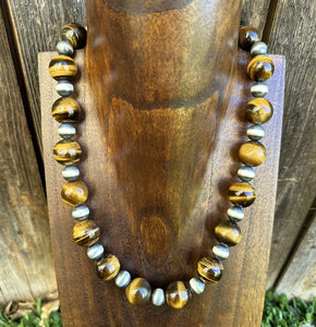 Sterling Silver Tiger’s Eye W Pearls Bead Necklace. 18 inch. Gift