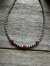 Load image into Gallery viewer, Sterling Silver 4mm Pearls with Red Bamboo Coral Bead Necklace Choker. 14 inch