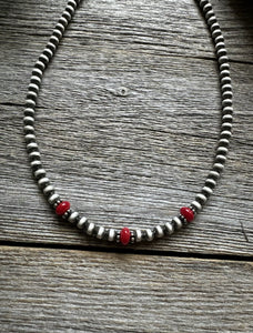 Sterling Silver 4mm Pearls with Red Bamboo Coral Bead Necklace Choker. 14 inch