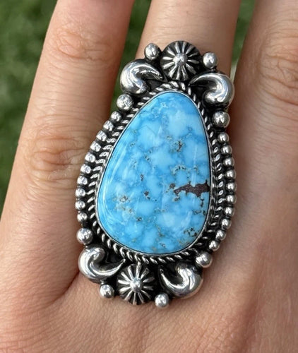Native American Sterling Silver Kingman Turquoise Ring Size 7.5 A Jake