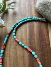 Load image into Gallery viewer, Sterling Silver Graduated Turquoise Heishi Spiny Oyster Bead Necklace 23 Inch