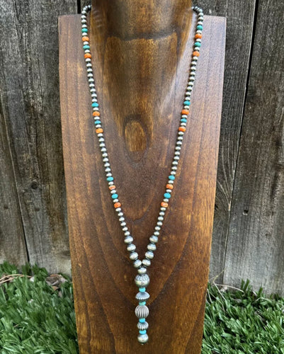 Sterling Silver Spiny Oyster Turquoise Pearls Lariat Y Bead Necklace. 28 inch