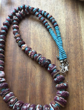 Load image into Gallery viewer, Sterling Silver Graduated Purple Spiny Oyster Turquoise Pearls Bead Necklace 26”