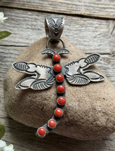 Load image into Gallery viewer, Navajo Native American Sterling Silver Red Coral Dragonfly Pendant. K Billah