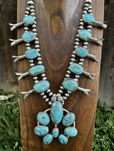 Navajo Sterling Silver White Water Turquoise Squash Blossom Pearls Necklace G