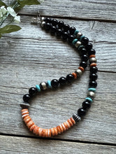 Load image into Gallery viewer, Sterling Silver Black Onyx Multi Stone Turquoise Spiny Bead Necklace 18 Inch