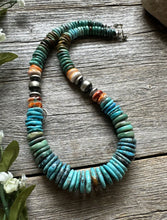 Load image into Gallery viewer, Sterling Silver Graduated Blue Green Turquoise Spiny Bead Necklace. 18 inch