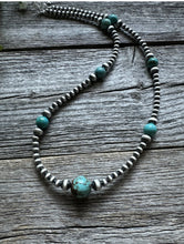 Load image into Gallery viewer, Southwestern Sterling Silver Turquoise 4mm Pearls Bead Necklace. 24 Inch. Gift