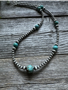 Southwestern Sterling Silver Turquoise 4mm Pearls Bead Necklace. 24 Inch. Gift