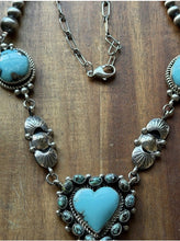 Load image into Gallery viewer, Navajo Sterling Silver Blue Turquoise Heart Lariat Pearls Bead Chain Necklace RY