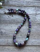 Load image into Gallery viewer, Sterling Silver Charoite Turquoise Bead Necklace. 18 Inch