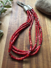 Load image into Gallery viewer, Sterling Silver Multi Strand Red Coral Pearls Bead Necklace 22 Inch
