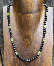 Load image into Gallery viewer, Sterling Silver Black Onyx Green Turquoise Bead Necklace. 18 Inch Gift