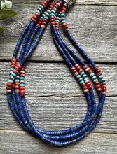 Load image into Gallery viewer, Sterling Silver Multi Strand Stone Lapis Spiny Turquoise Bead Necklace. 20 inch