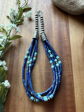 Load image into Gallery viewer, Sterling Silver Multi Strand Heishi Lapis Turquoise Pearls Bead Necklace 18 inch