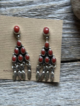 Load image into Gallery viewer, Navajo Native American Sterling Silver Red Coral Cluster Earrings. Gift Geneva