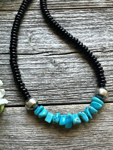 Mens Sterling Silver Black Onyx Turquoise Bead Necklace. 18 Inch