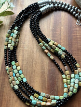 Load image into Gallery viewer, Sterling Silver Multi Strand Black Onyx Turquoise Nuggets Bead Necklace. 24 Inch
