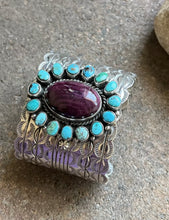 Load image into Gallery viewer, Native American Sterling Silver Turquoise Purple Spiny Oyster Cuff Bracelet. CY