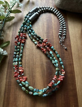 Load image into Gallery viewer, Sterling Silver Multi Strand Blue Green Turquoise Spiny Oyster Bead Necklace 30”