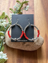 Load image into Gallery viewer, Sterling Silver Red Coral Bead W Pearls Loop Hoop Earrings.