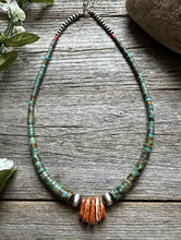 Load image into Gallery viewer, Sterling Silver Orange Spiny Oyster Turquoise Heishi Jackla Bead Necklace 17”