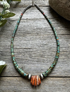 Sterling Silver Orange Spiny Oyster Turquoise Heishi Jackla Bead Necklace 17”